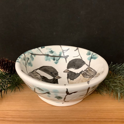 Small White Bowl with Chickadees
