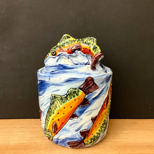 Lidded Jar Brook Trout on Blue