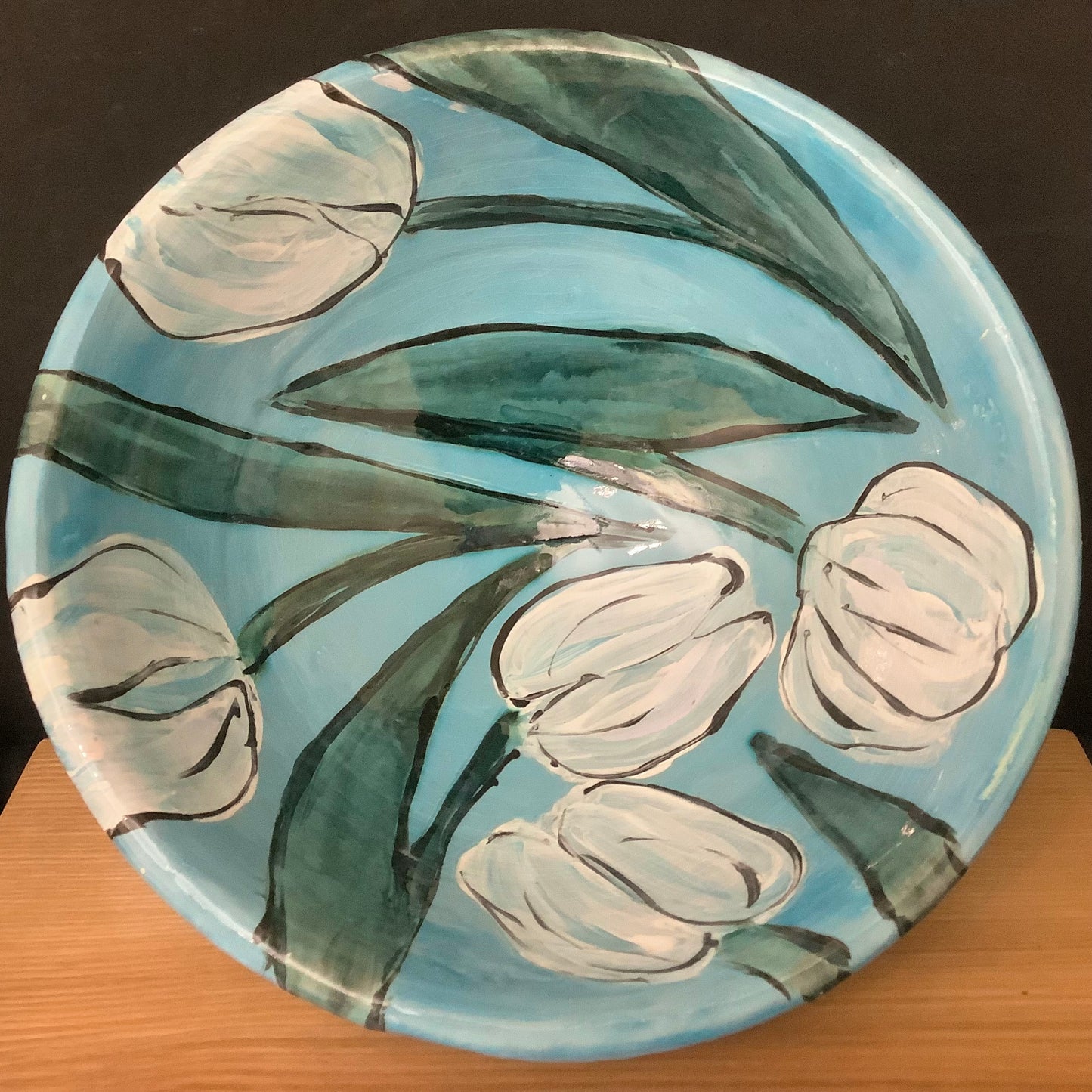 Deep Aqua Bowl with White Tulips