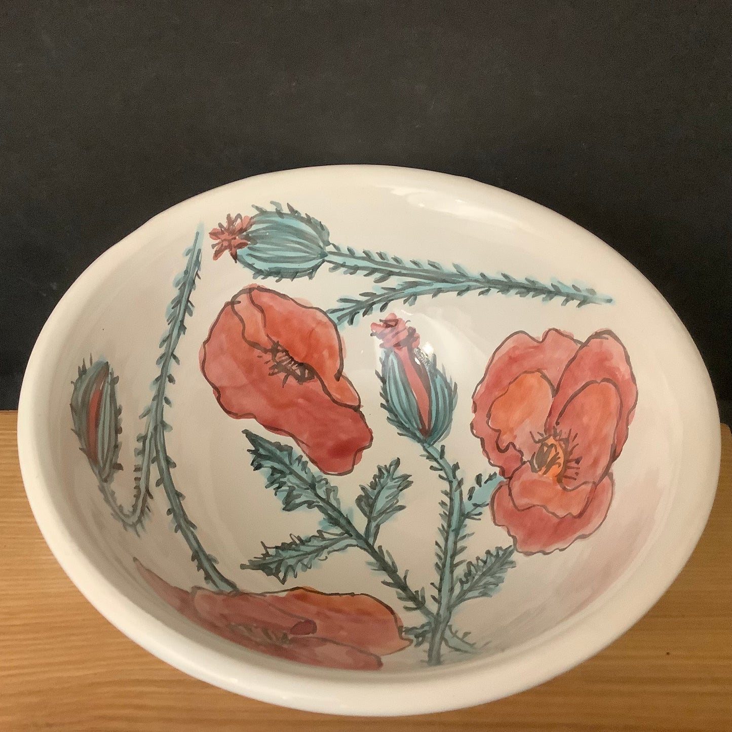 Large White Bowl with Red Poppies