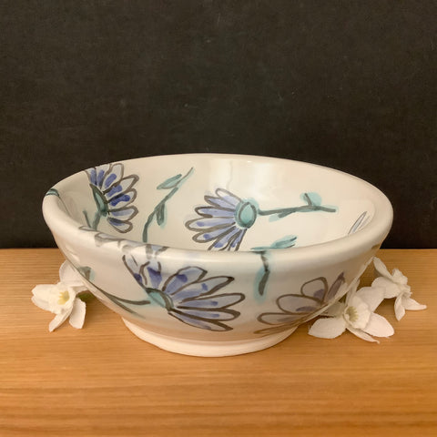 Small White Bowl with New Blue Flowers