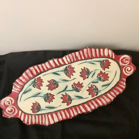 Cheese Tray White w Red Black & Green Flowers