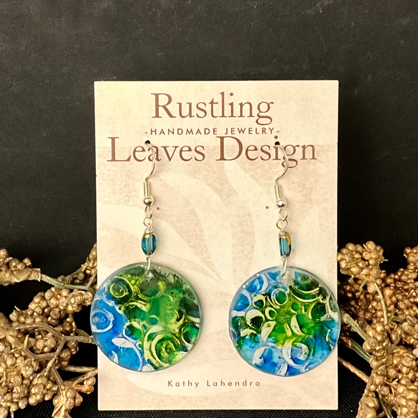 Blue and Green Resin Disc Earrings