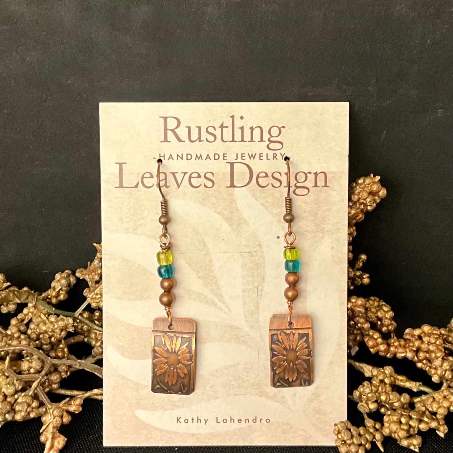 Copper Flower Stamped with Multiple Beads Earrings