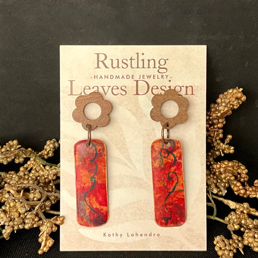 Wood Post Flower Red Orange Rectangle Earrings