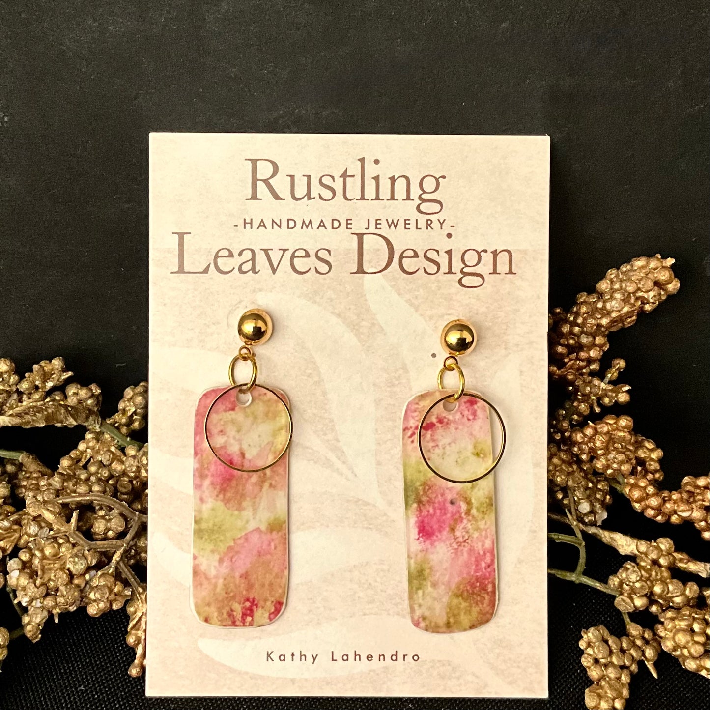 Long Rectangular Earrings in Pink and Green with Small Gold Hoop