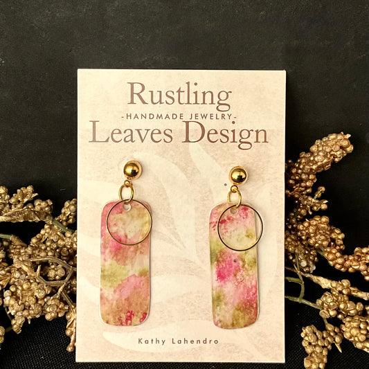Long Rectangular Earrings in Pink and Green with Small Gold Hoop