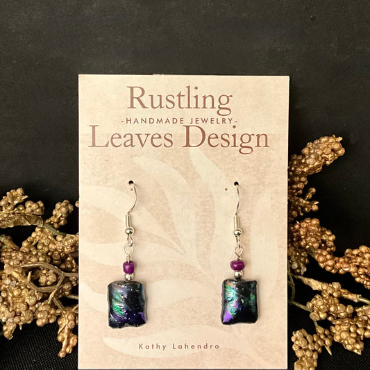 Purple and Green Chrome Fused Glass Earrings