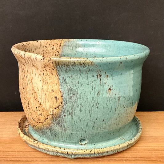 Planter with Attached Saucer in Turquoise and Sand