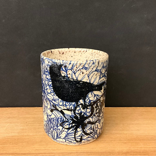 Tumbler with Blue Chrysanthemum design & Bird Silhouette
