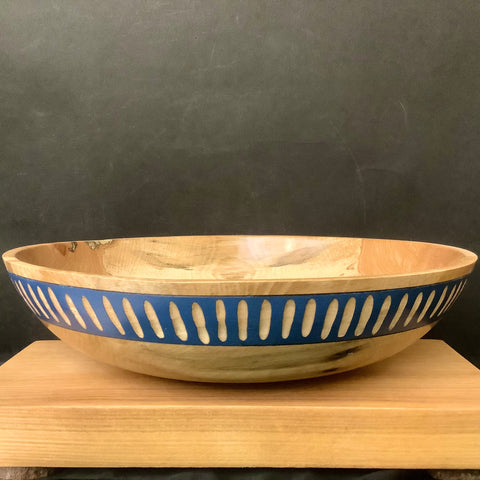 Beech Bowl with Blue Carved Rim