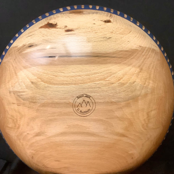 Beech Bowl with Blue Carved Rim