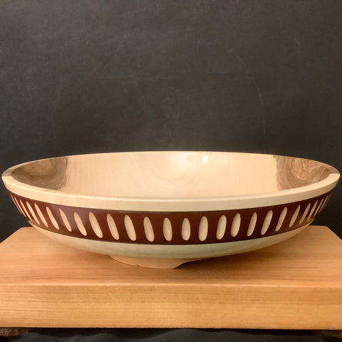 Footed Maple Bowl with Reddish Brown Carved Rim