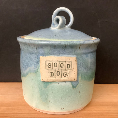 Good Dog Canister in Blue/Green Dribble glaze