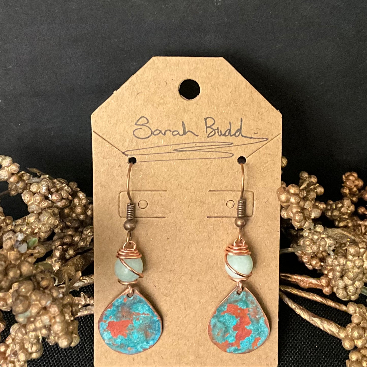Round Patina Flamed Copper Earrings with Peruvian Amazonite Beads