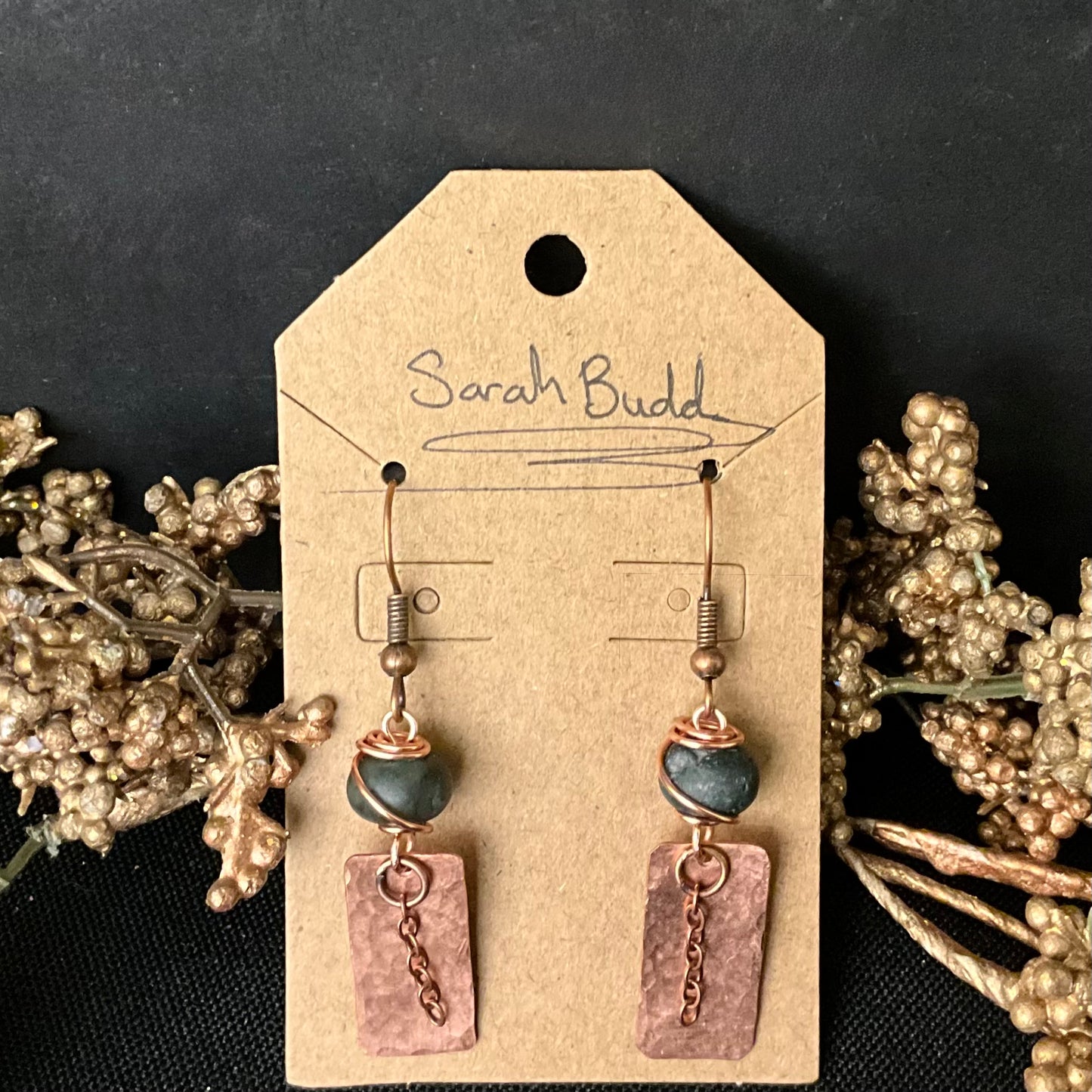 Rectangular Copper Earrings with Chain and Fancy Jasper