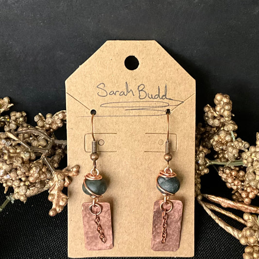Rectangular Copper Earrings with Chain and Fancy Jasper