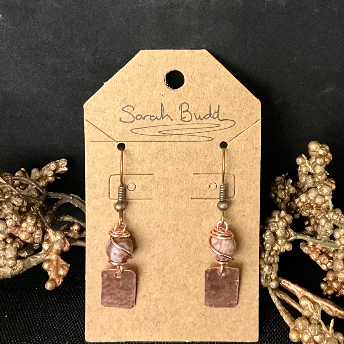 Small Rectangular Copper Earrings with Jasper Beads