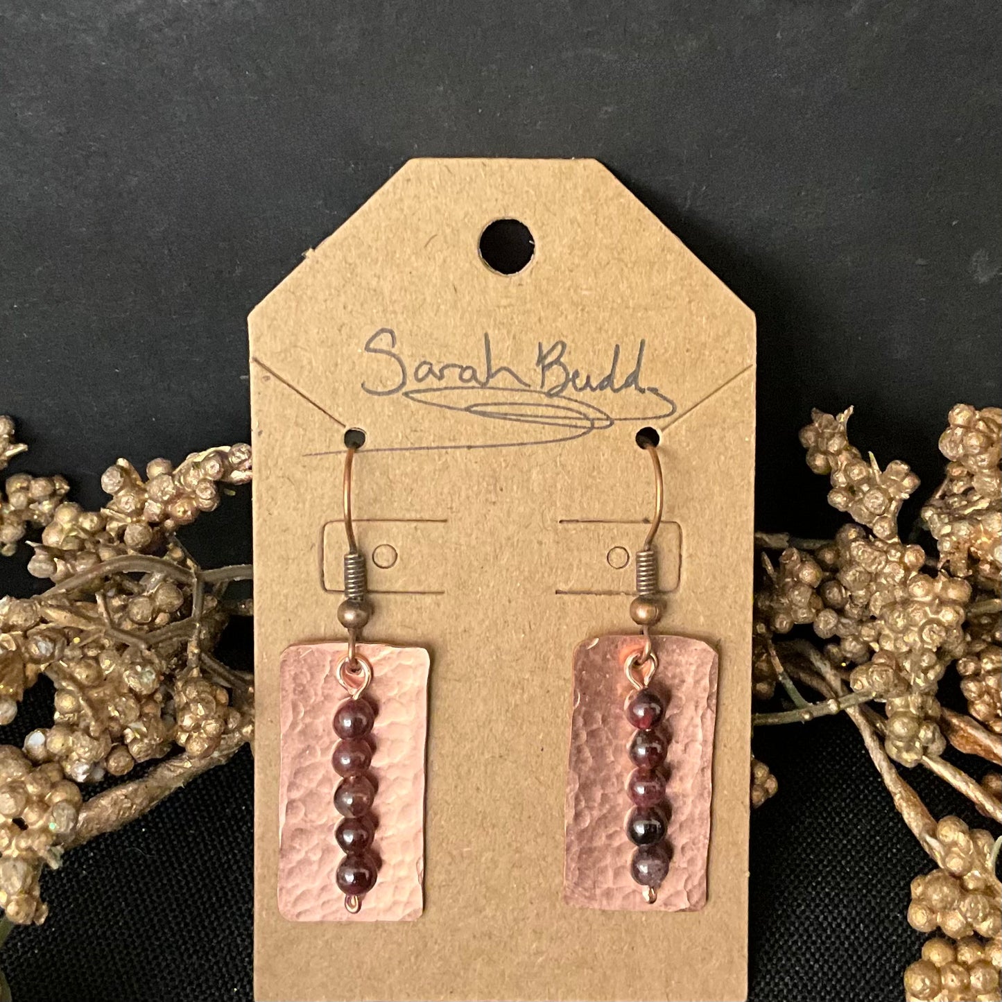 Rectangular Copper Earrings with Garnet Beads