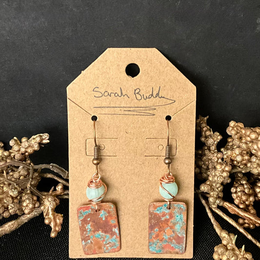 Rectangular Patina Copper Earrings with Peruvian Amazonite Beads
