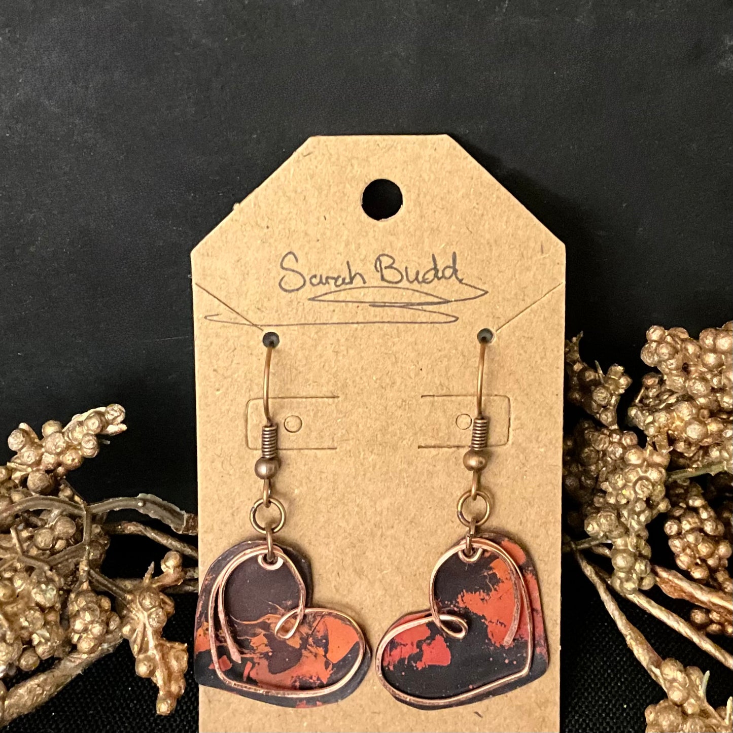 Flamed Copper Heart Earrings