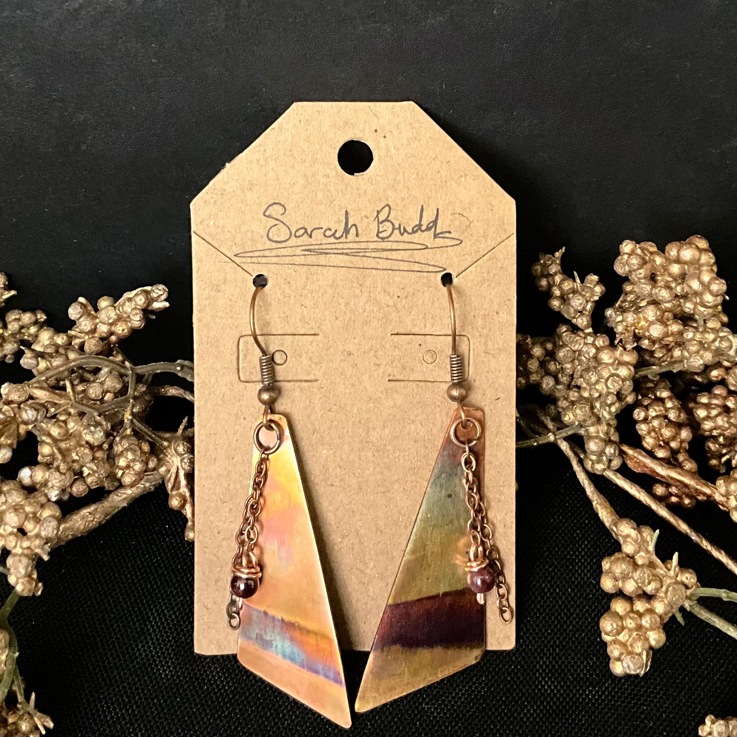 Flame-Painted Copper Trapezoid Earrings with Garnet Beads