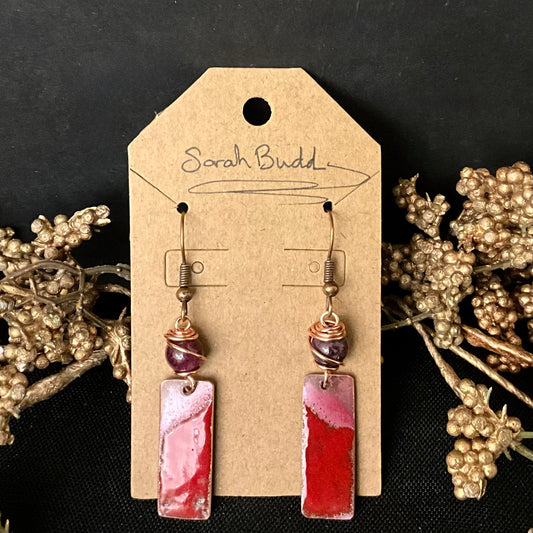 Rectangular Copper Earrings with Glass Enamel and Rubellite Tourmaline Bead