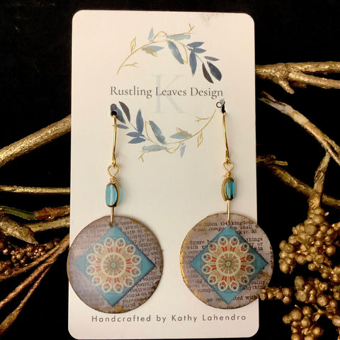 Small Round Earrings -blue kaleidescope pattern