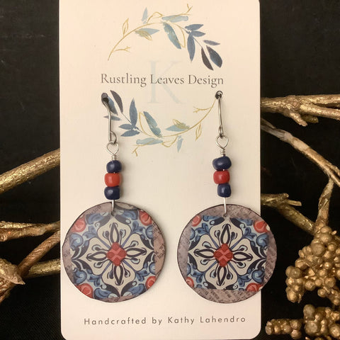 Round drop Earrings with Red & Blue beads, Floral Tile