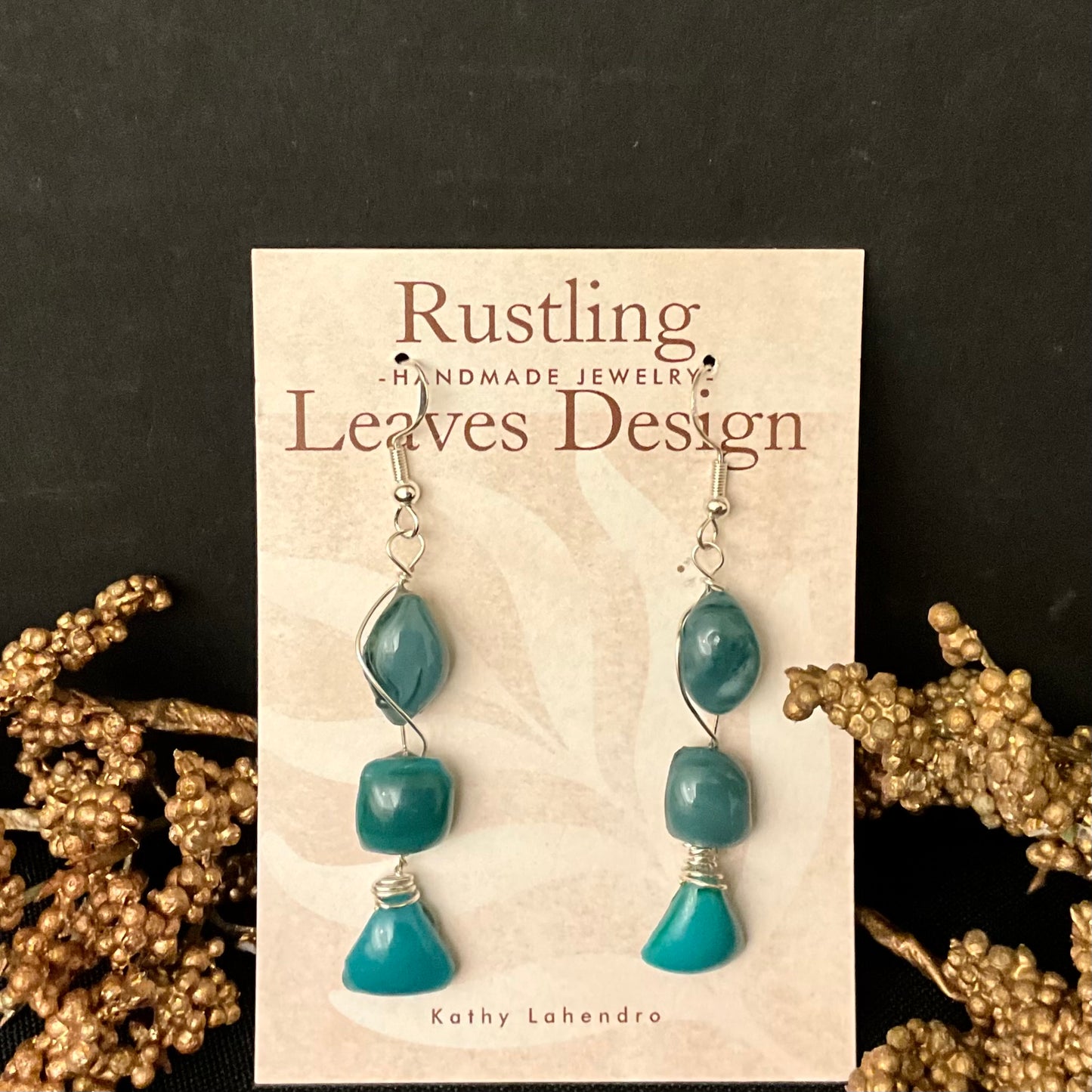 Triple Teal Bead Fused Glass Earrings