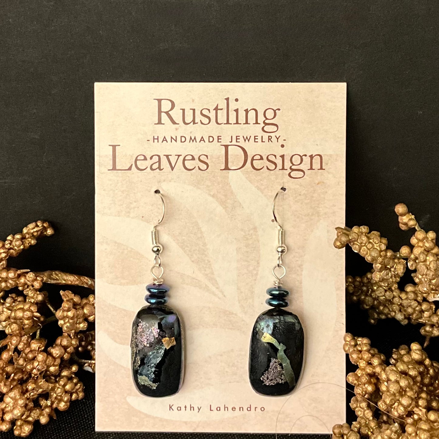 Black with Multi Color Rectangle Fused Glass Earrings