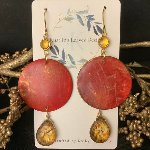 Bright Orange Disk Earrings with amber Drop