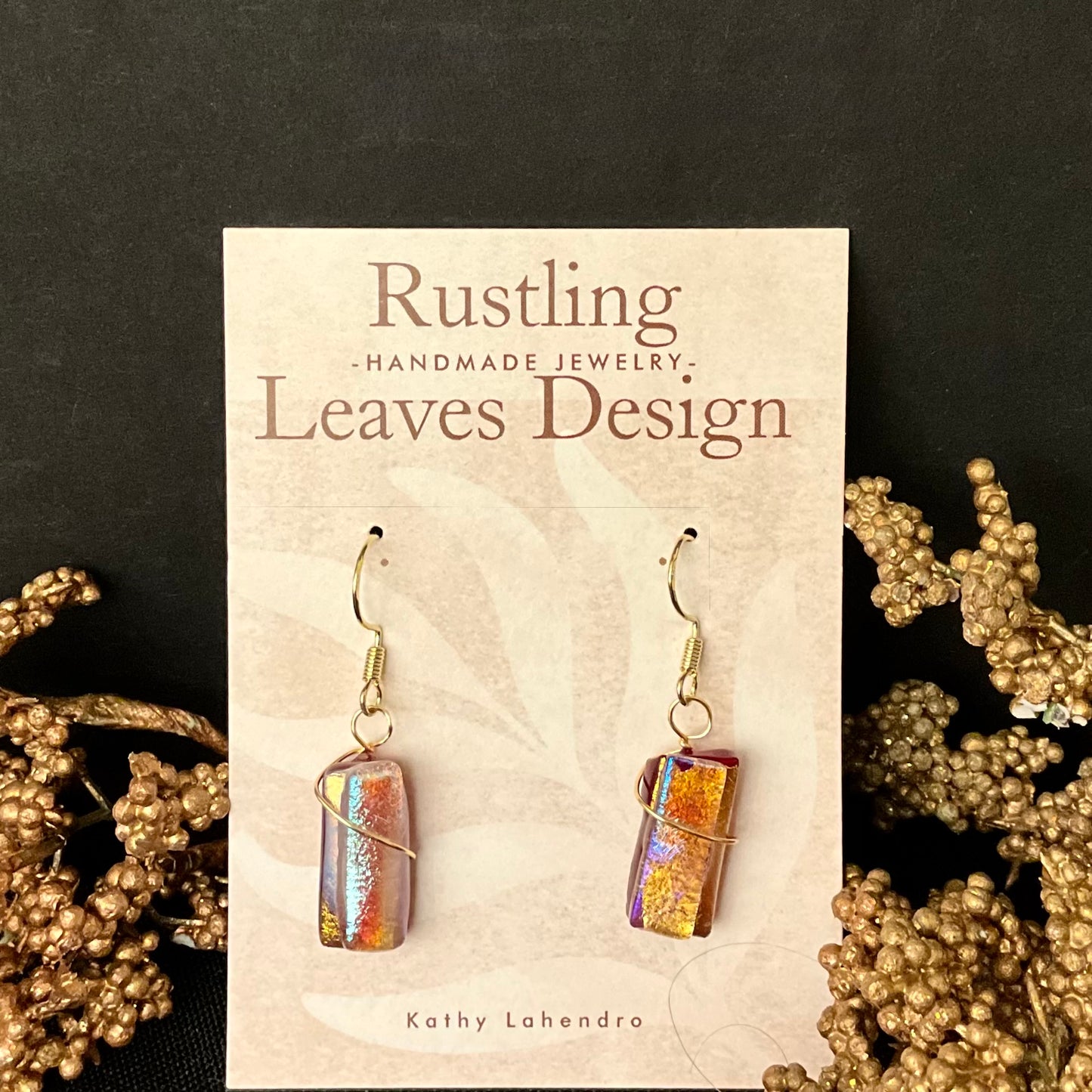 Red Iridescent with Silver Wire Rectangle Fused Glass Earrings
