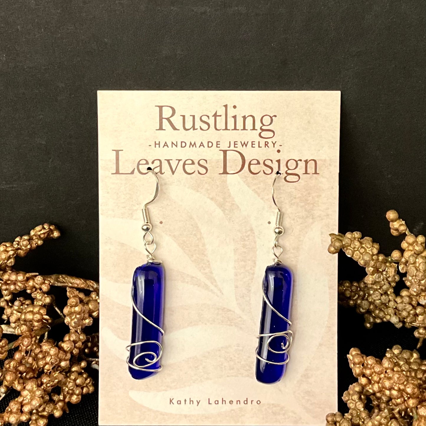 Cobalt Blue with Silver Wire Rectangle Fused Glass Earrings