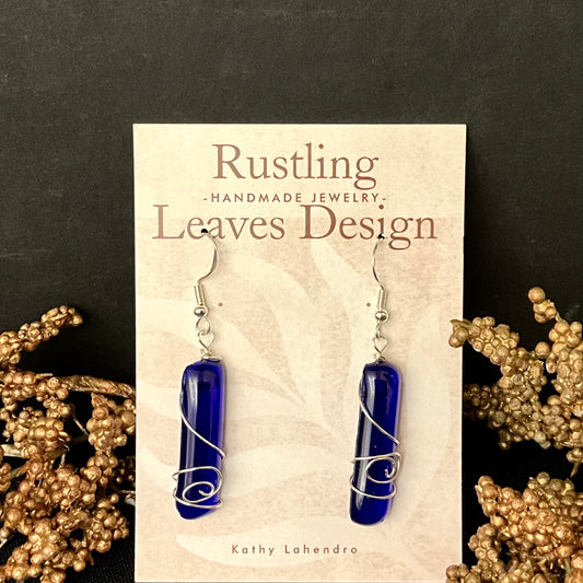 Cobalt Blue with Silver Wire Rectangle Fused Glass Earrings