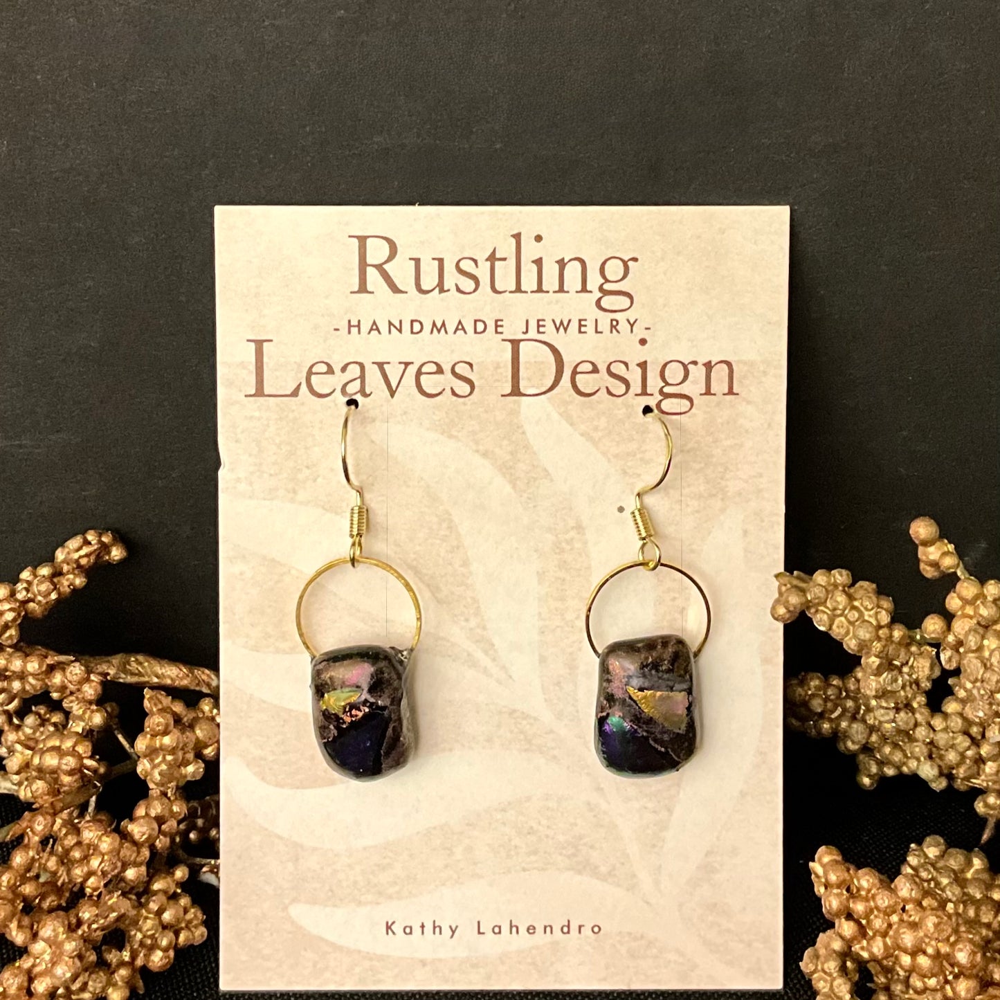 Purple and Gold Bead on Gold Hoop Fused Glass Earrings