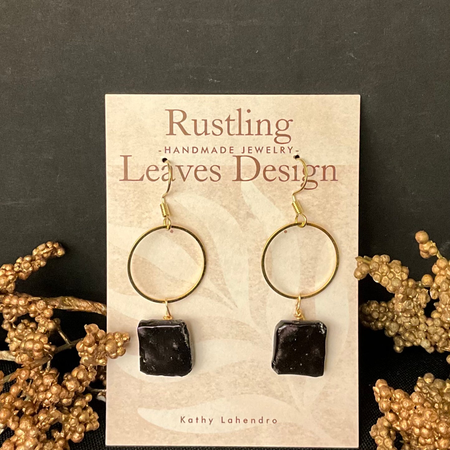 Dark Purple Square on Gold Hoop Fused Glass Earrings