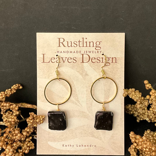 Dark Purple Square on Gold Hoop Fused Glass Earrings