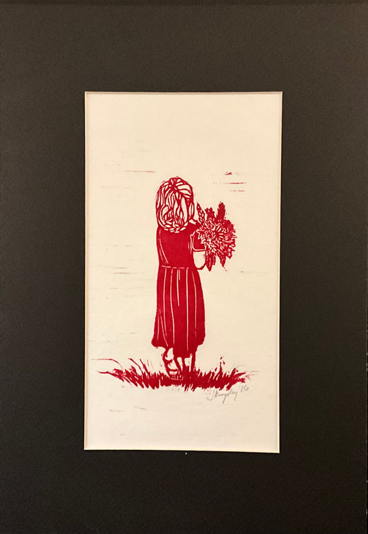 “Flowers for Grandma” Magenta Rubber Block Print with Black Mat