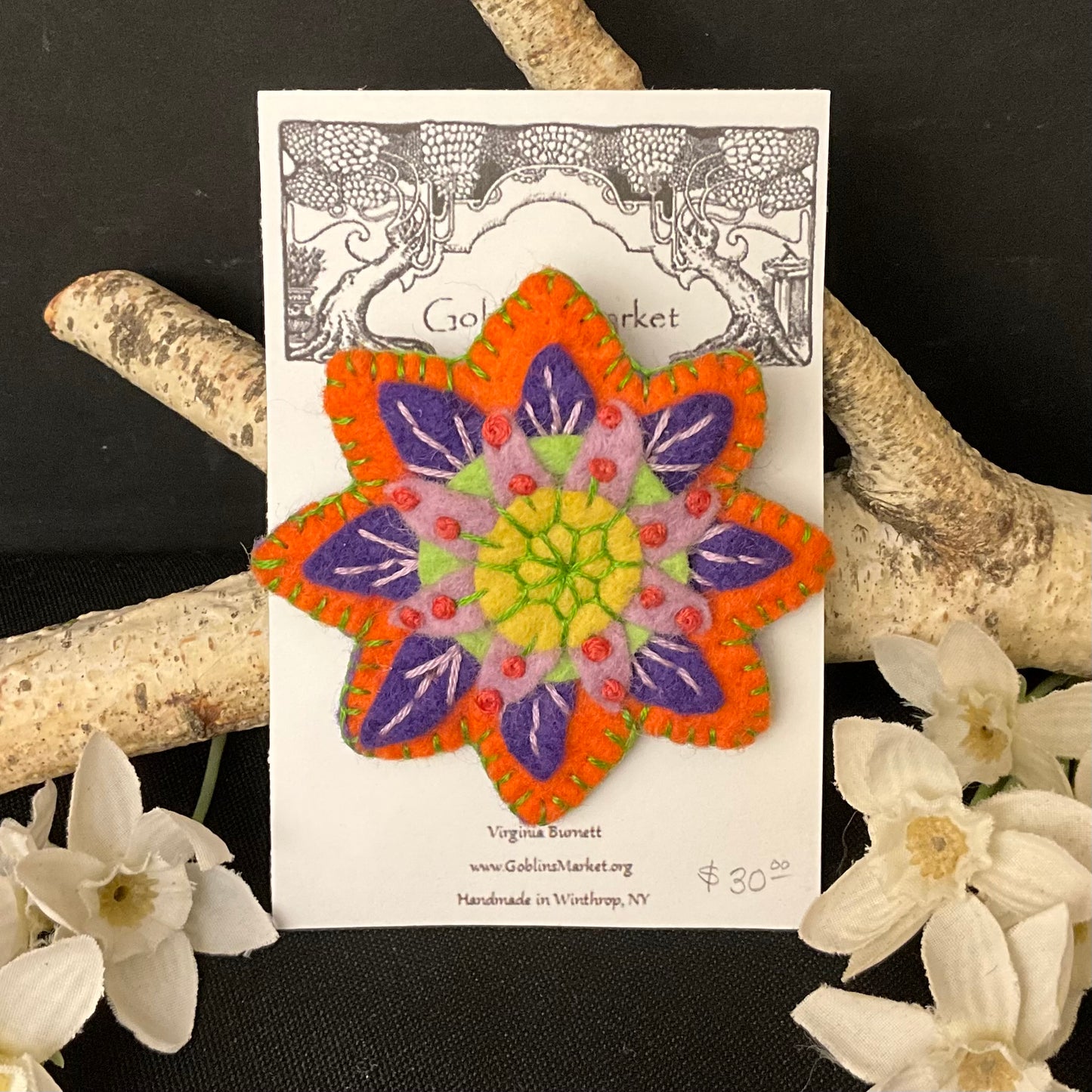 Floral Felt Pin in Orange, Purple, Lavender & Yellow