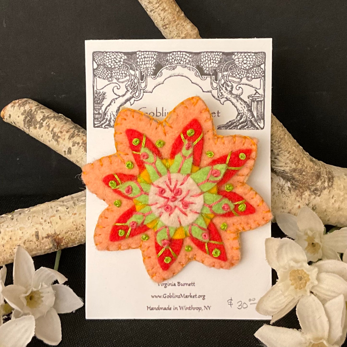 Floral Felt Pin in Coral, Orange, Lime Green & Yellow