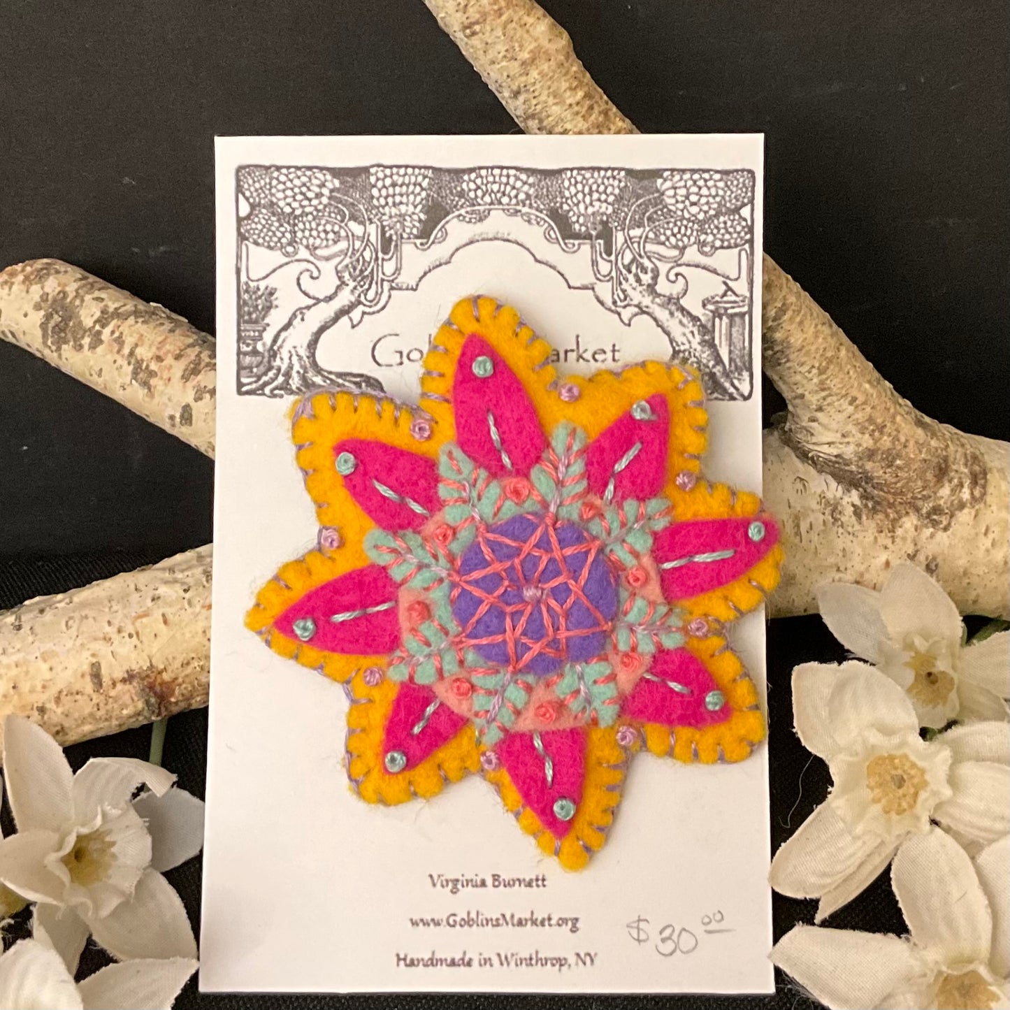 Floral Felt Pin in Orange, Hot Pink and Lilac