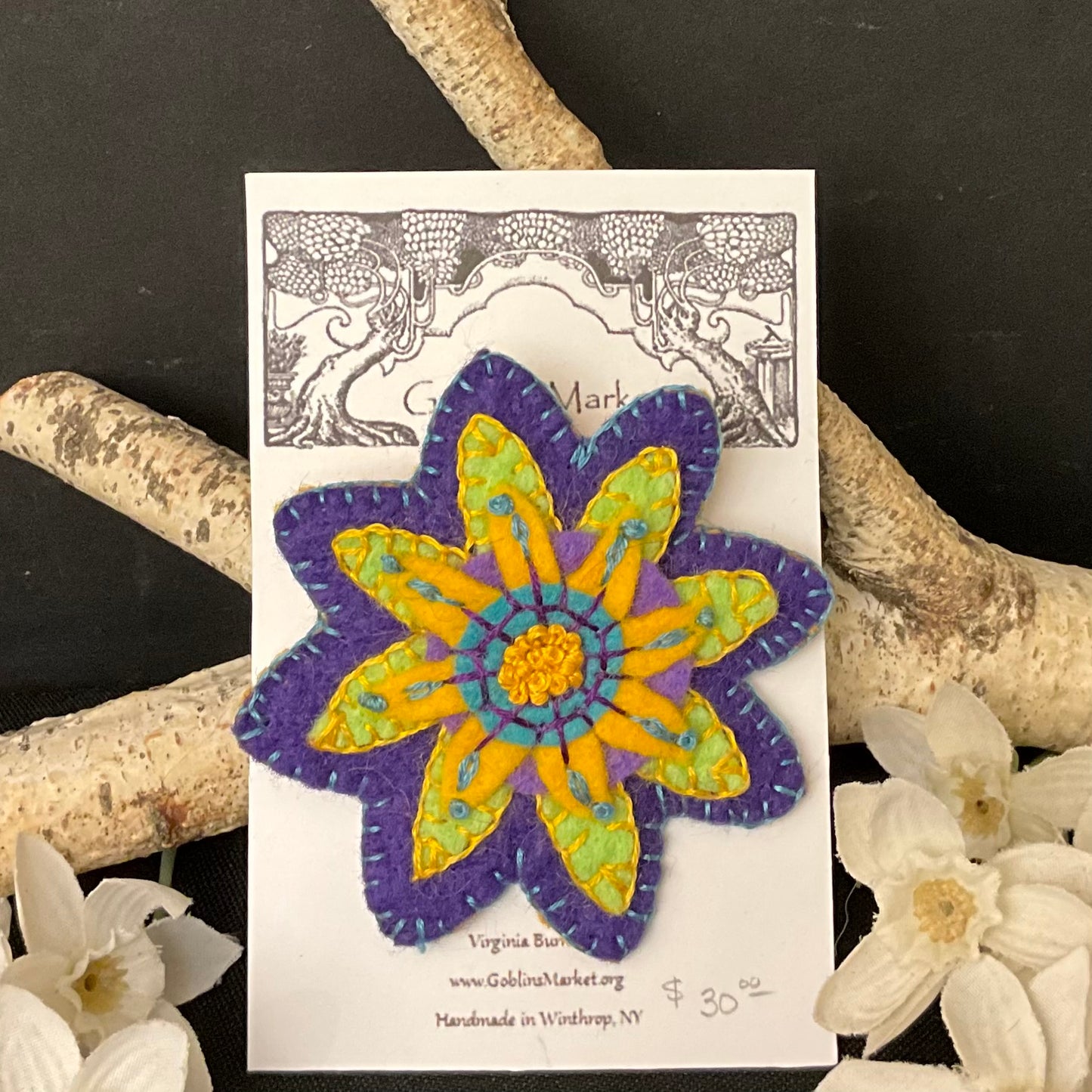 Floral Felt Pin in Purple, Lime Green and Yellow