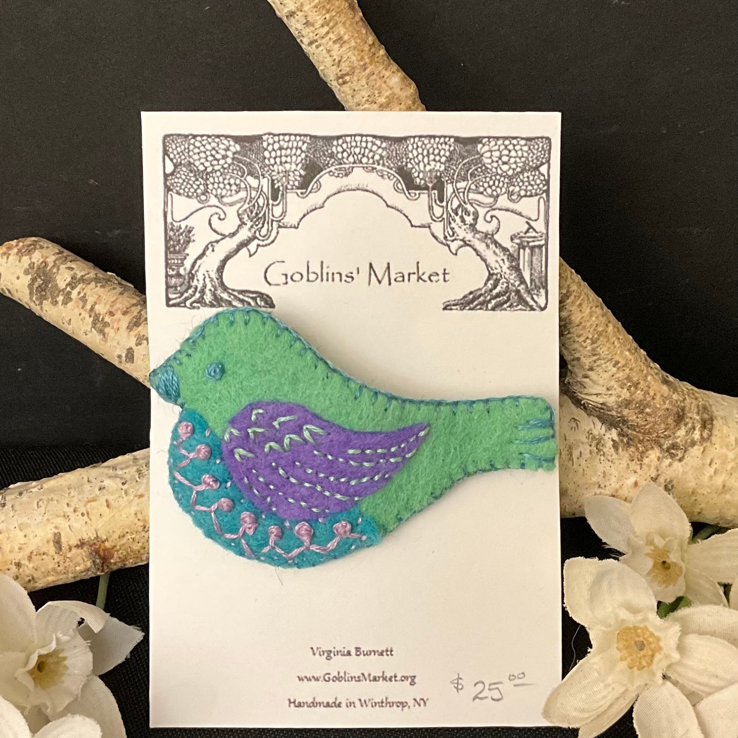 Bird Felt Pin in Celadon, Light Blue and Purple