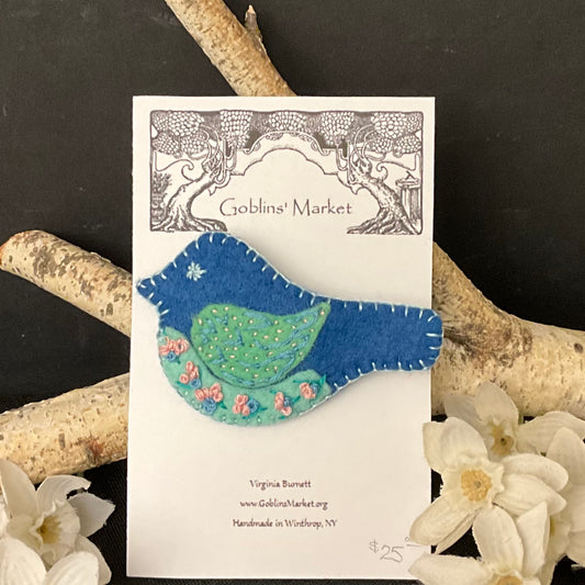 Bird Felt Pin in Deep Blue and Celadon