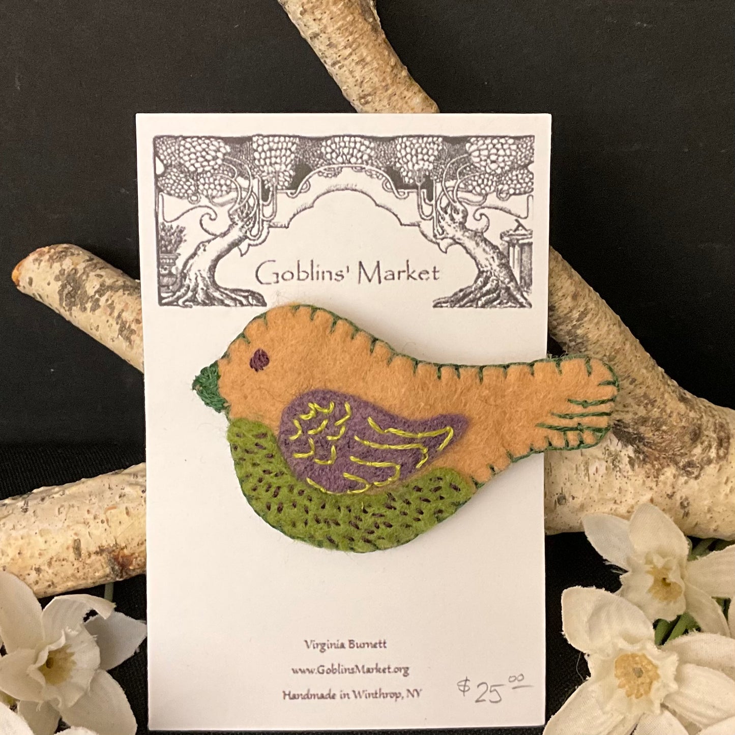 Bird Felt Pin in Camel, Loren Green and Plum