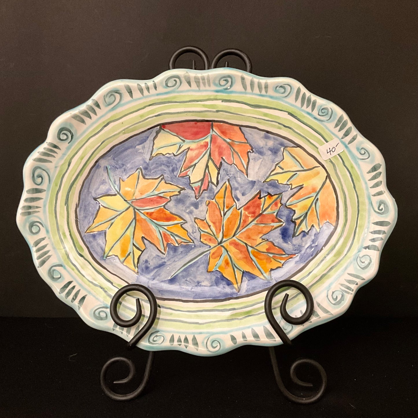 Oval Serving Platter with Autumn Leaves on Blue