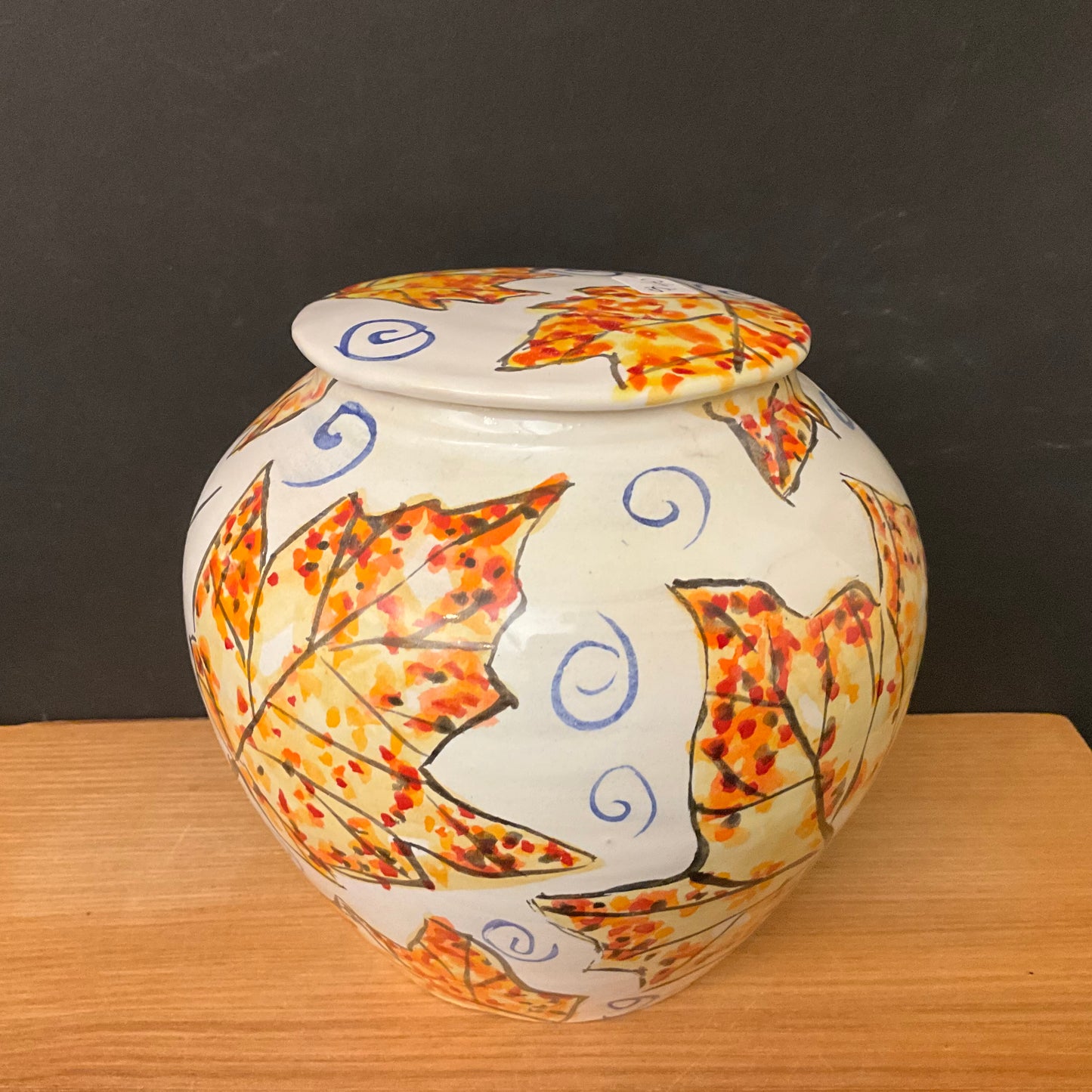 Ginger Jar with Fall Maple Leaves & Blue Swirls