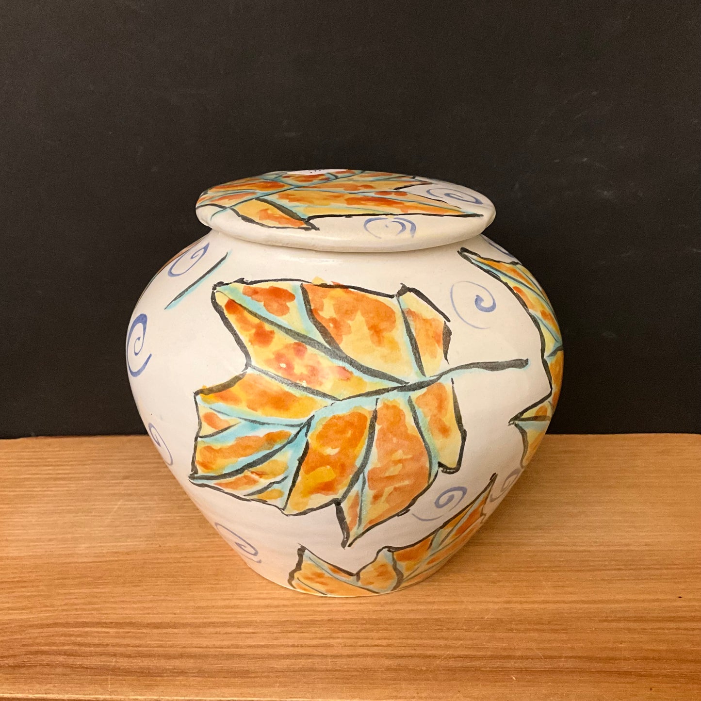 Ginger Jar with Fall Maple Leaves & Blue Swirls