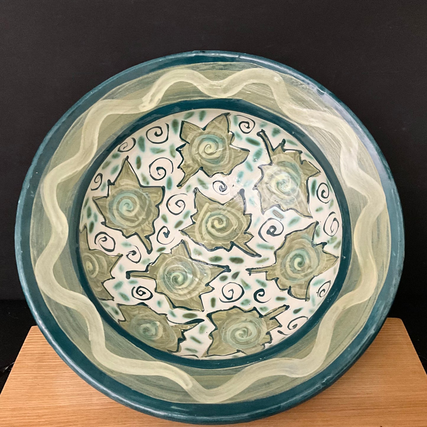 Deep Flared Bowl with Green Leaves